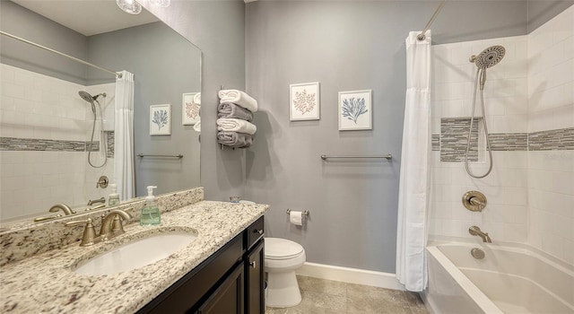 full bathroom with vanity, shower / bathtub combination with curtain, and toilet