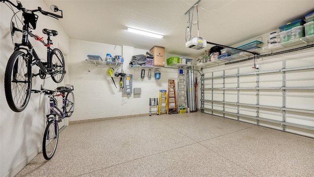 garage featuring electric panel and a garage door opener