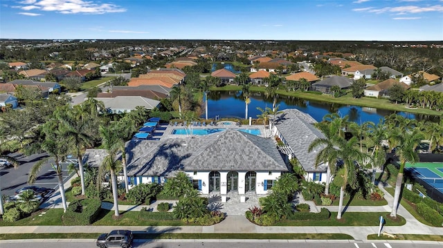 aerial view featuring a water view