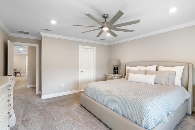 bedroom with ceiling fan, light carpet, and crown molding