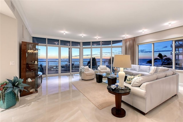 living room featuring ornamental molding, a water view, and floor to ceiling windows