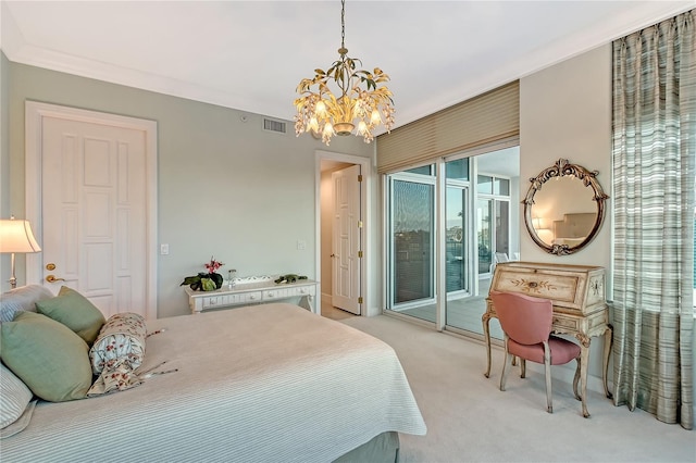 bedroom with access to outside, light colored carpet, and a chandelier