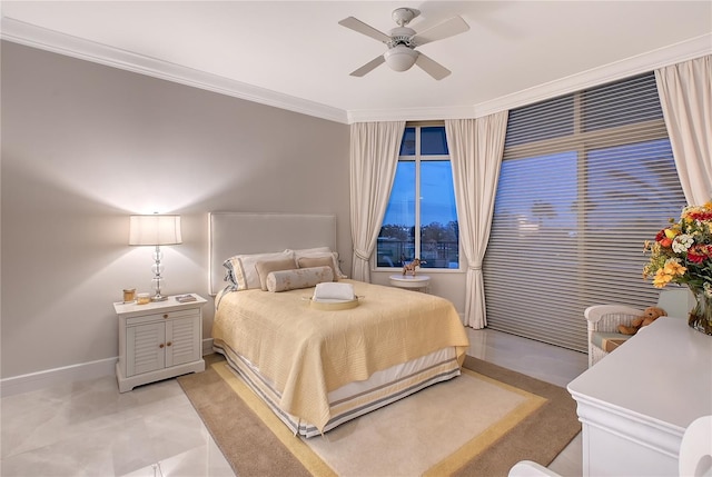 bedroom featuring ceiling fan and ornamental molding