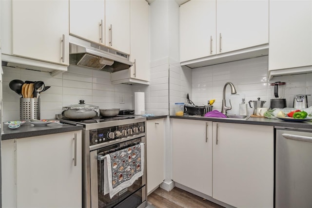 kitchen with sink, white cabinetry, stainless steel appliances, hardwood / wood-style floors, and decorative backsplash