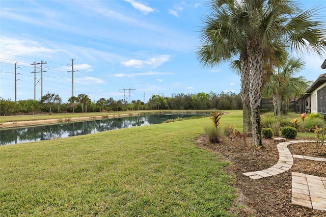 view of yard with a water view