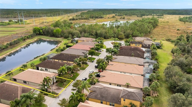 bird's eye view with a water view