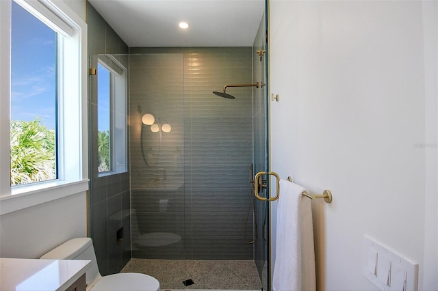 bathroom featuring vanity, a shower with shower door, and toilet