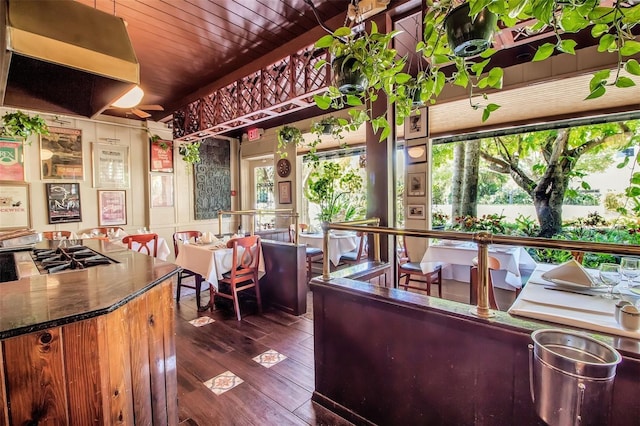 interior space featuring dark hardwood / wood-style flooring and wood ceiling