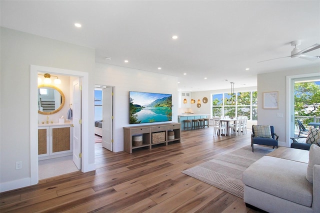 living room with ceiling fan and wood-type flooring