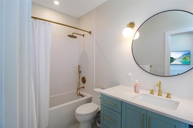 full bathroom featuring vanity, toilet, and shower / bathtub combination with curtain