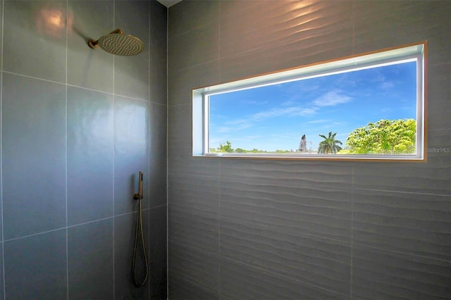 bathroom with tiled shower and plenty of natural light