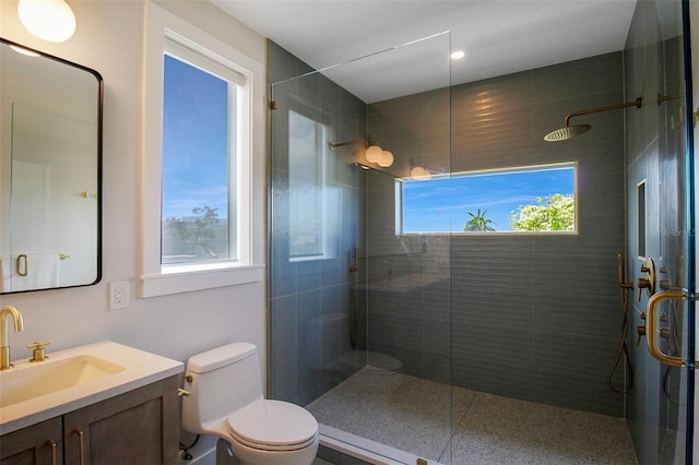 bathroom with toilet, vanity, and a shower with door