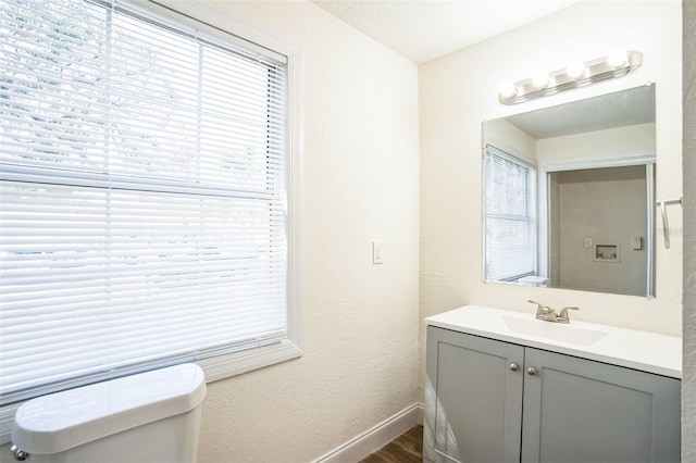 bathroom with hardwood / wood-style floors, vanity, and toilet