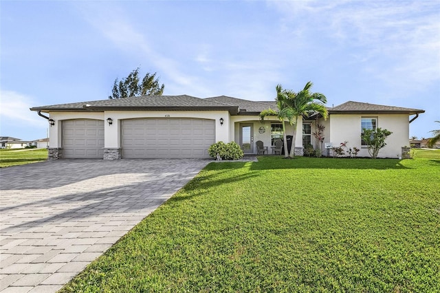 ranch-style home featuring a front yard and a garage