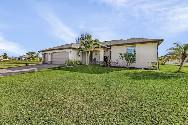 single story home with a front yard and a garage