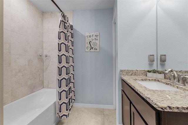 bathroom featuring vanity, tile patterned flooring, and shower / bath combo with shower curtain