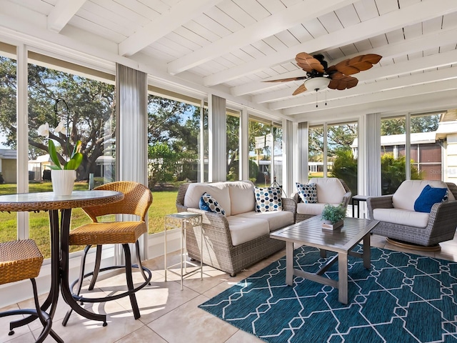 sunroom featuring beam ceiling, ceiling fan, and wooden ceiling