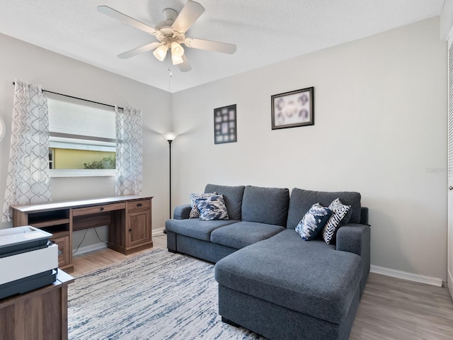 living room featuring ceiling fan, a textured ceiling, and light wood-type flooring