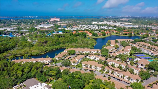 aerial view featuring a water view