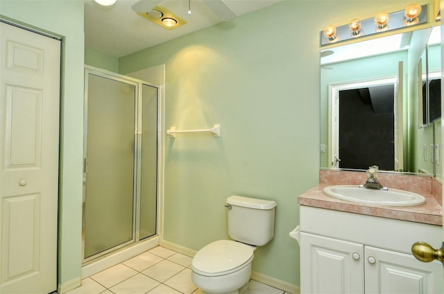 bathroom with tile patterned flooring, vanity, toilet, and an enclosed shower