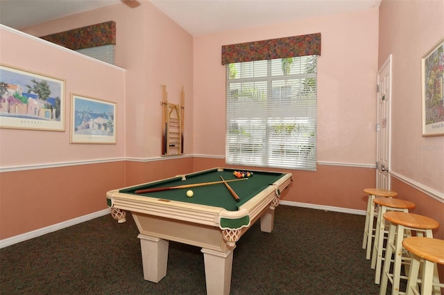 recreation room with dark carpet and pool table