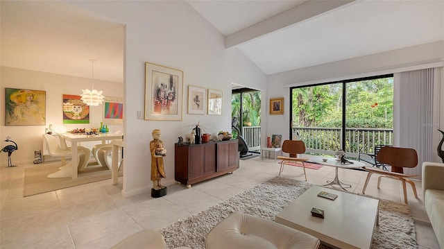 tiled living room featuring an inviting chandelier, high vaulted ceiling, and beamed ceiling