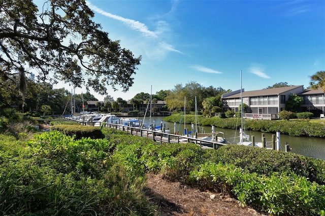 exterior space with a water view