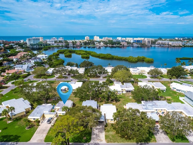 birds eye view of property featuring a water view