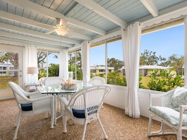 sunroom / solarium with ceiling fan and beam ceiling