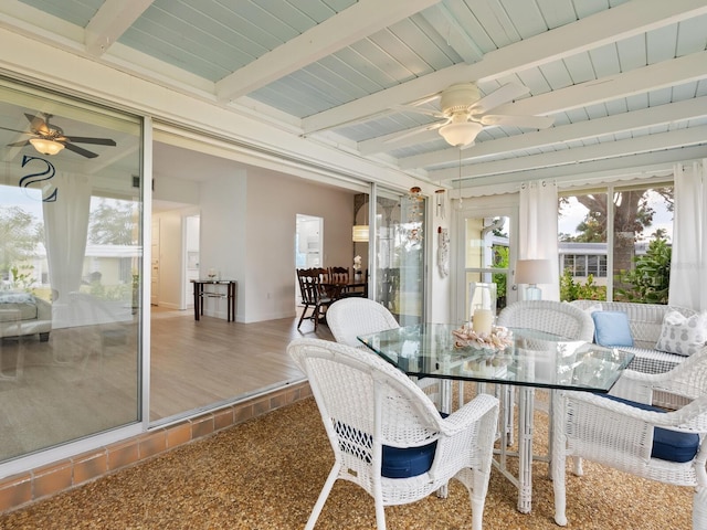 sunroom / solarium featuring ceiling fan and beam ceiling