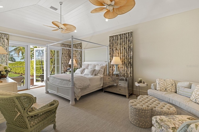 carpeted bedroom featuring ceiling fan, access to outside, and wooden ceiling