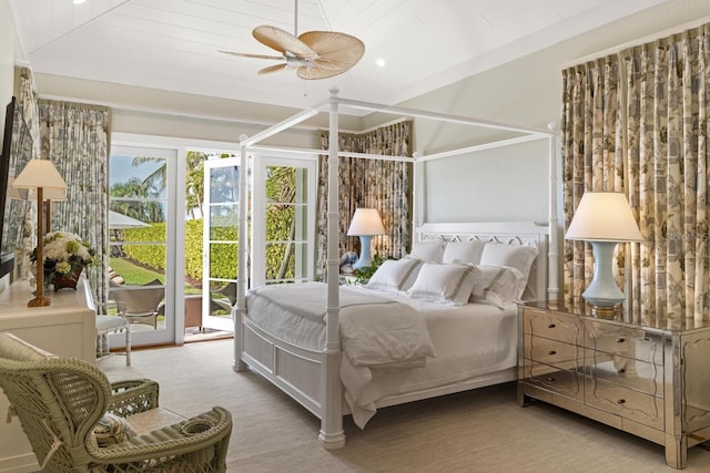 carpeted bedroom with wooden ceiling, ceiling fan, and access to exterior