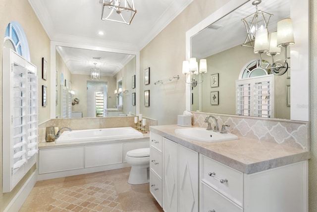 bathroom with tile patterned flooring, ornamental molding, toilet, a tub to relax in, and vanity