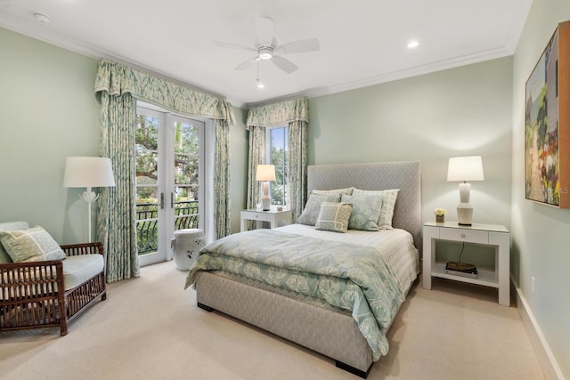 bedroom featuring access to outside, french doors, crown molding, ceiling fan, and light carpet