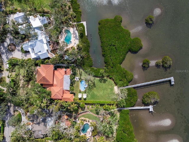 drone / aerial view featuring a water view