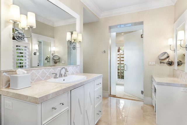 full bath with vanity, crown molding, baseboards, decorative backsplash, and curtained shower