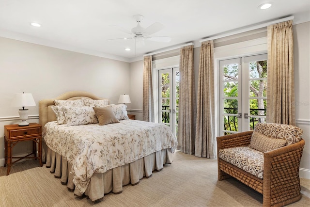 bedroom with light carpet, access to exterior, ceiling fan, and recessed lighting
