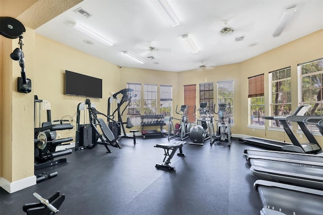 exercise room featuring ceiling fan