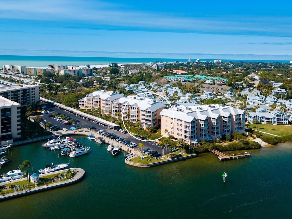 drone / aerial view with a water view