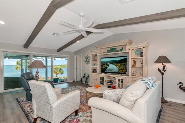 living room with lofted ceiling with beams, ceiling fan, and light hardwood / wood-style flooring