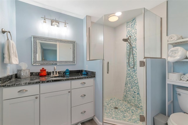 bathroom with vanity, walk in shower, and toilet