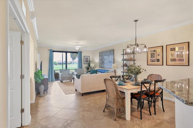 tiled dining room with crown molding and a notable chandelier