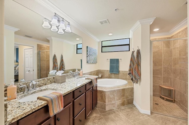 bathroom with plus walk in shower, vanity, and ornamental molding