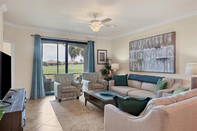 tiled living room featuring ceiling fan and ornamental molding