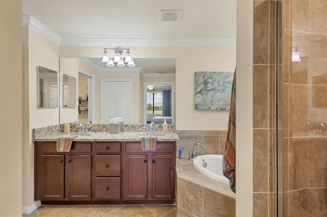 bathroom featuring plus walk in shower, a notable chandelier, tile patterned floors, crown molding, and vanity