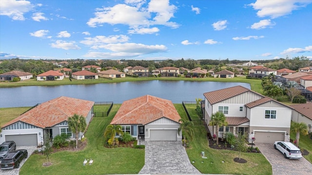 aerial view featuring a water view