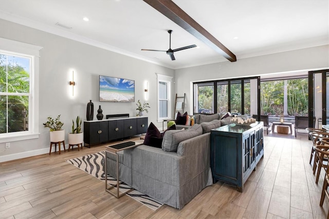 living room with beamed ceiling, light hardwood / wood-style flooring, ceiling fan, and ornamental molding