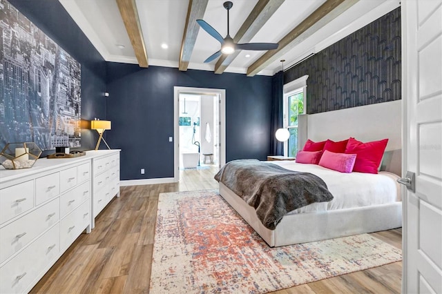 bedroom with beamed ceiling, ceiling fan, and hardwood / wood-style floors