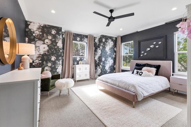 carpeted bedroom with ceiling fan