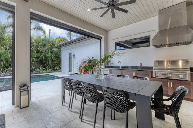 view of patio / terrace featuring area for grilling, a grill, sink, and ceiling fan